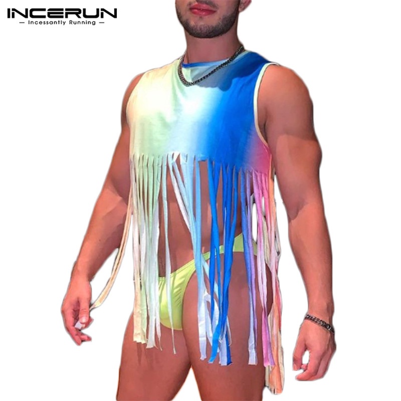 Áo ba lỗ INCERUN tua rua sát nách nhuộm màu thời trang cho nam