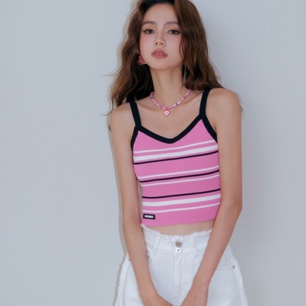 Áo kiểu ZHELIHANGFEI vải dệt kim không tay lưng cao họa tiết kẻ sọc phong cách quyến rũ