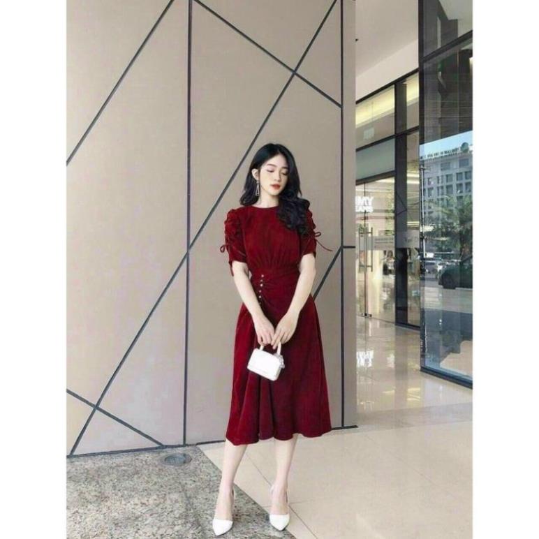 TSL ảnh thật Đầm đỏ xoè dài tay phồng rút dây đính cườm cực sang chảnh dự tiệc du xuân mặc Tết noel