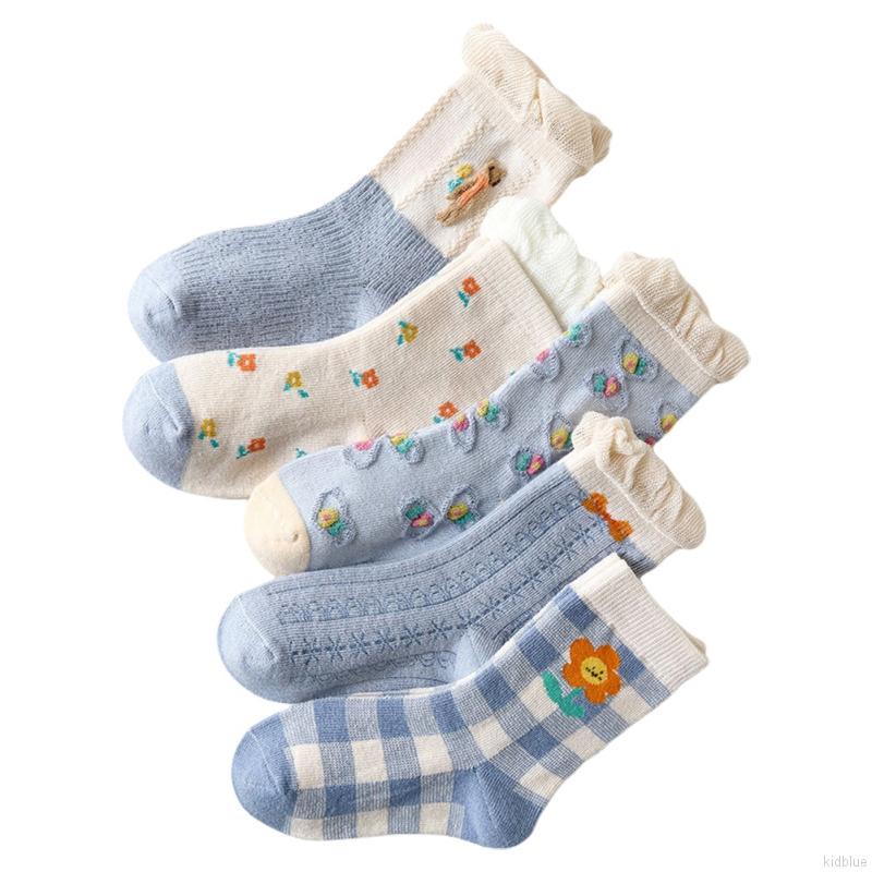 Set 5 đôi vớ cotton mềm mại thoáng khí in họa tiết hoa xinh xắn dễ thương cho bé gái