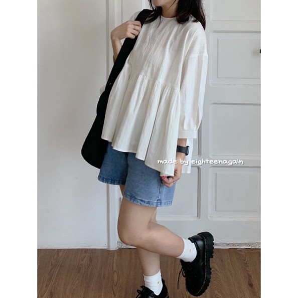Áo sơ mi nữ babydoll buộc nơ sau - áo sơ mi  trắng tay lỡ babydoll phom thụng  thắt nơ sau , kiểu dáng hàn quốc