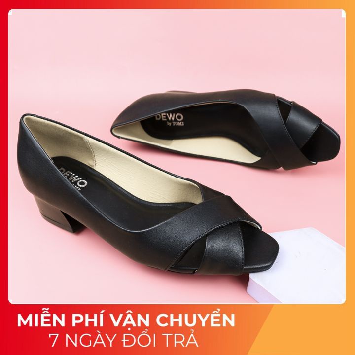 Giày Cao Gót Đế Vuông Hở Mũi Chéo Quai