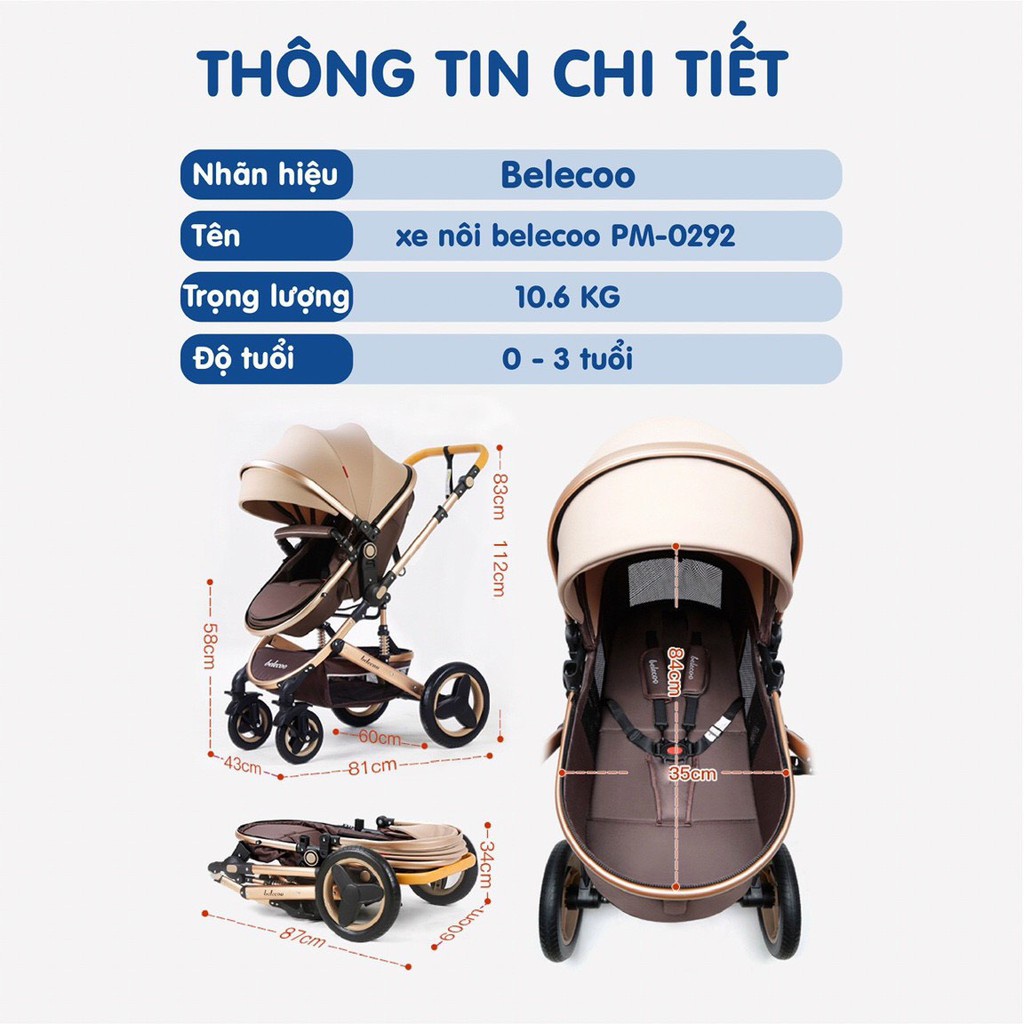 Xe đẩy kiêm xe nôi 2 chiều Belecoo, mã PM-0292