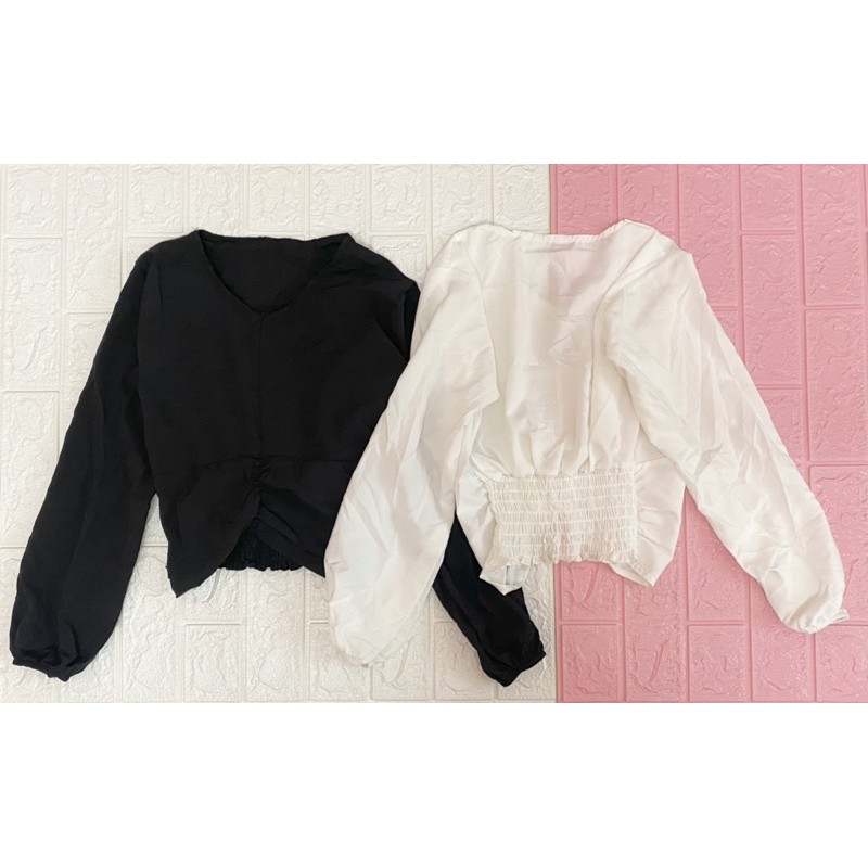 Áo kiểu cổ V dài tay có nhún bo eo
