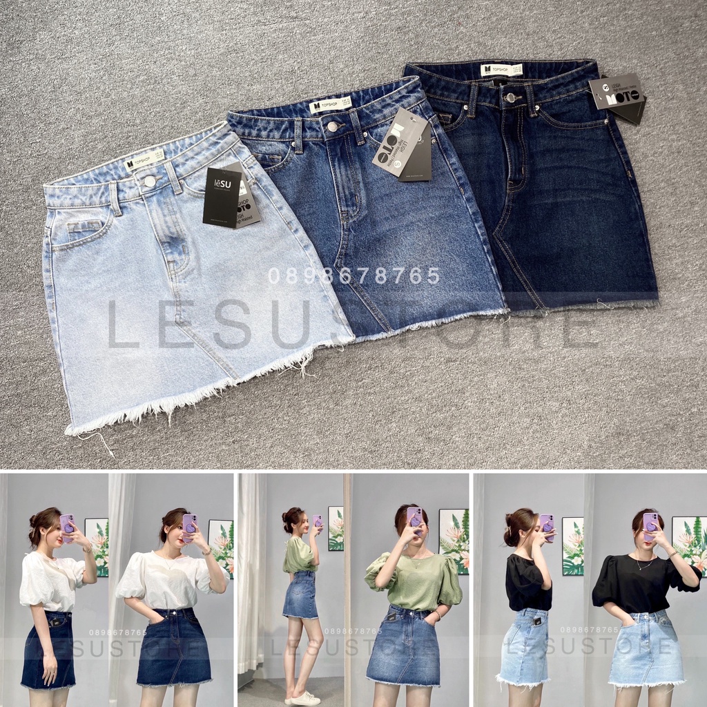 ẢNH TỰ CHỤP CHân váy jeans trơn lai tua lưng cao