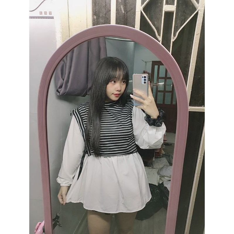 Áo babydoll phôm rộng phối sọc đen cao cấp_UTN