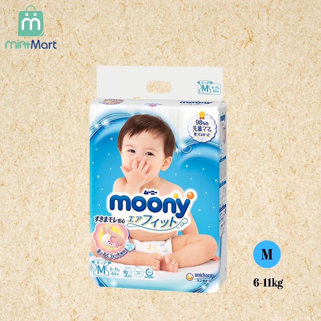 Bỉm MOONY Xanh Tiêu Chuẩn Nội Địa Nhật Đủ Size NB90/S84/M64/M58/L44/XL38