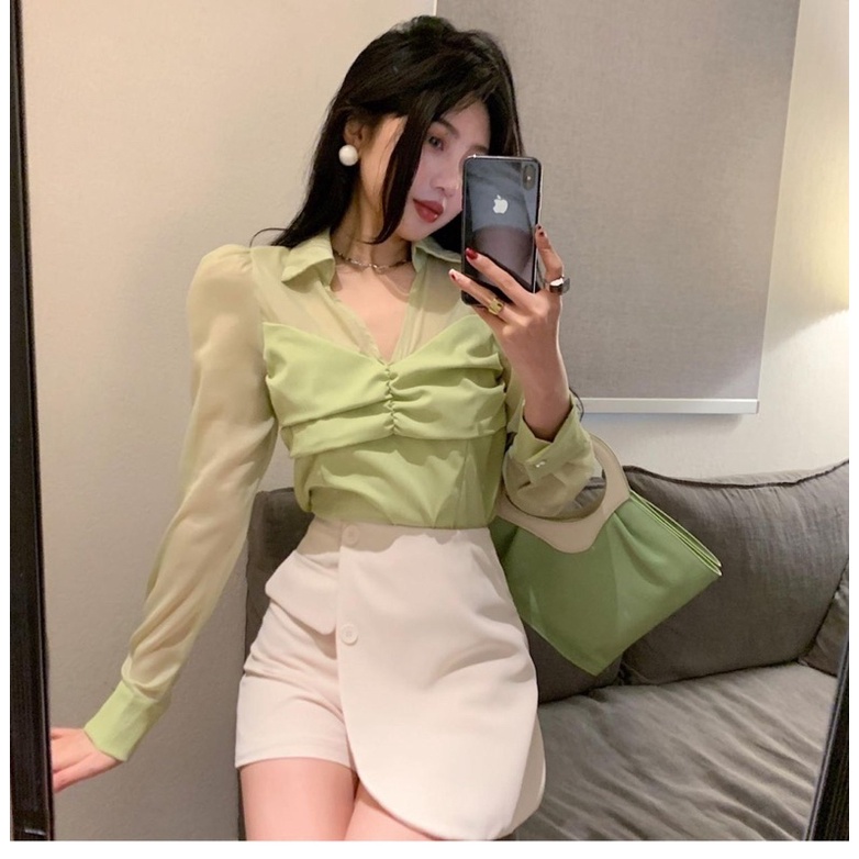 SET ÁO SƠ MI XANH NHÍU NGỰC TAY DÀI + CHÂN VÁY QUẦN