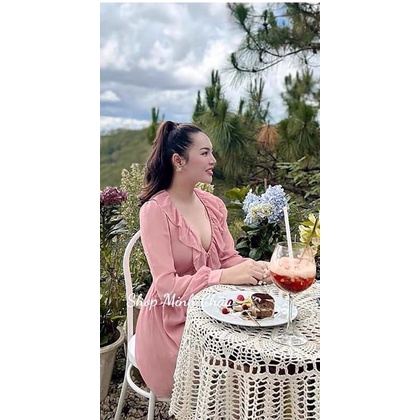 Váy voan hồng bèo cổ V Zarraaa dư sịn