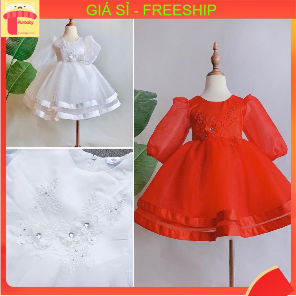 Váy công chúa bé gái 3-8 tuổi dài tay đính hoa, Đầm ren cho bé điệu đà đáng yêu