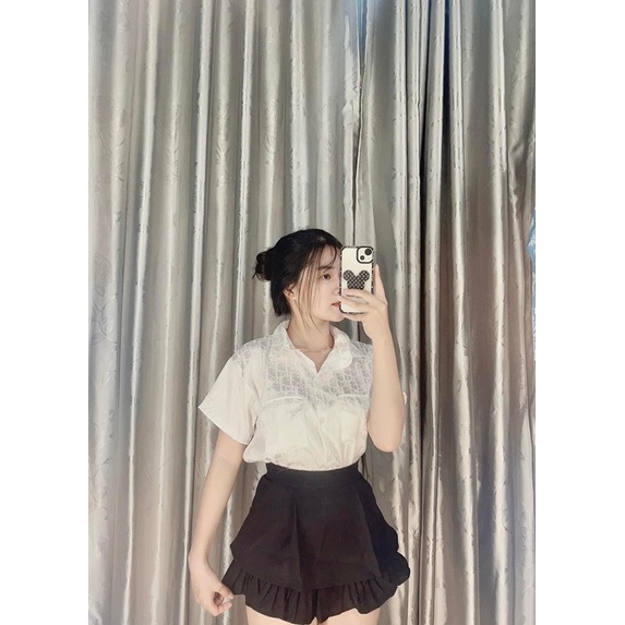 Áo sơ mi lụa gấm mềm hoạ tiết LV, áo có 2 túi trước siêu xinh