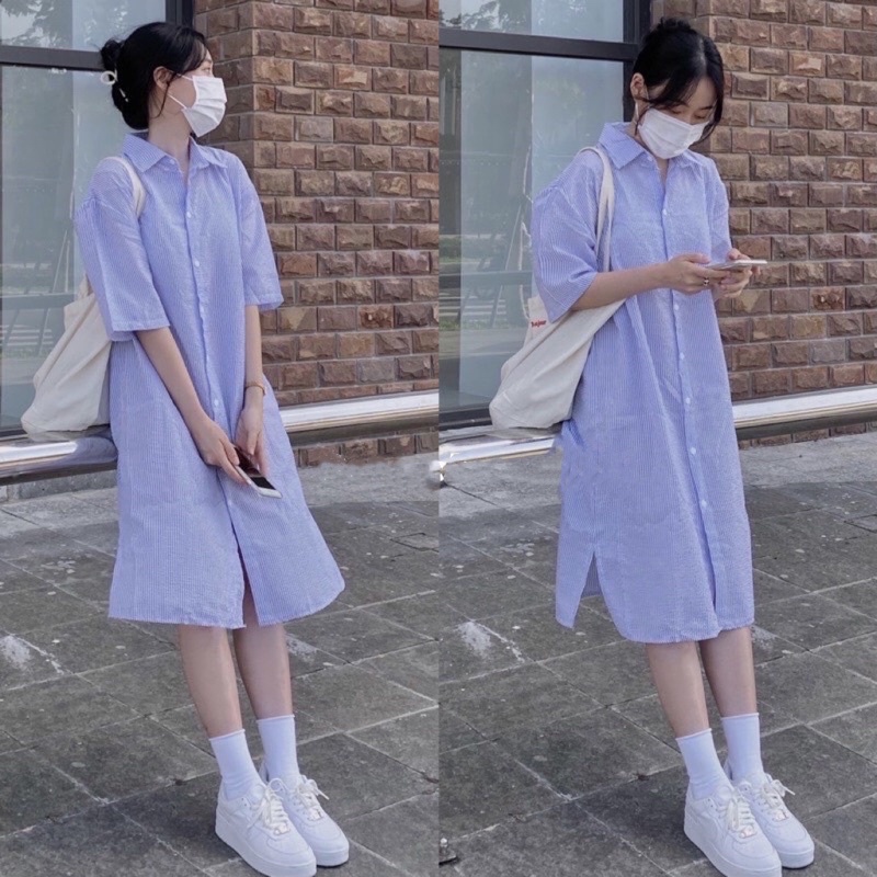 Váy đầm sơ mi dáng dài kẻ form rộng bazic phong cách hàn đẹp