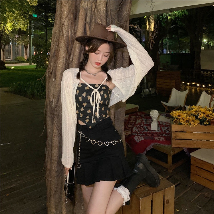 [LININ] Áo Khoác Cardigan Chống Nắng Ôm Dáng Không Tay In Họa Tiết Gấu Phong Cách Hàn Quốc Dễ Thương Mùa Hè Cho Nữ