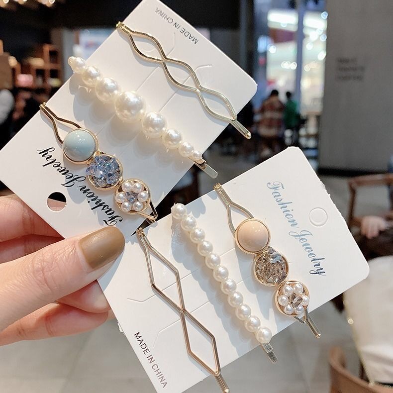 Bộ 3 Kẹp Tóc Đính Ngọc Trai Pha Lê Thời Trang Phong Cách Hàn Quốc
