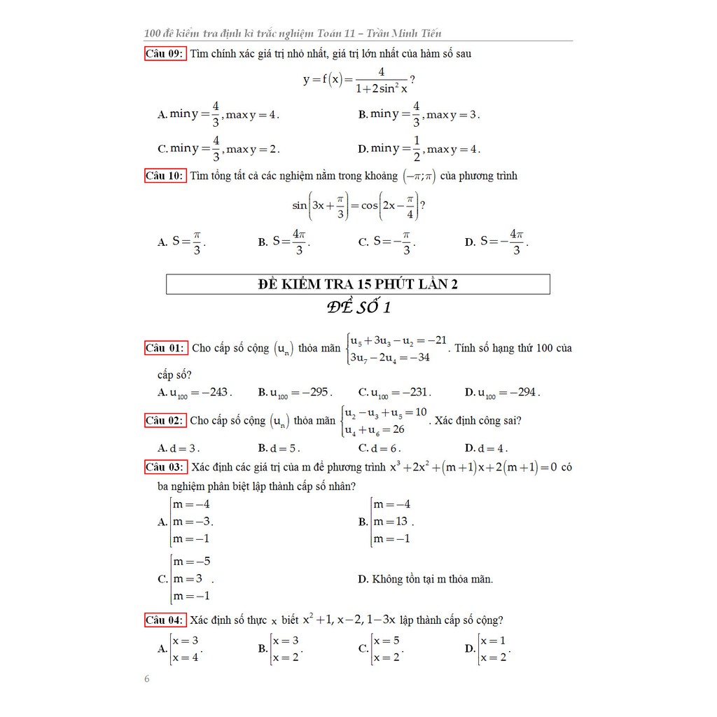 Sách - 100 Đề Kiểm Tra Định Kì Trắc Nghiệm Toán 11