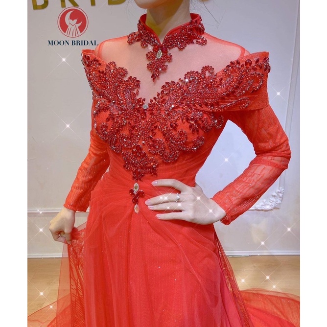 Áo dài cưới cô dâu cao cấp tà lê kết đá