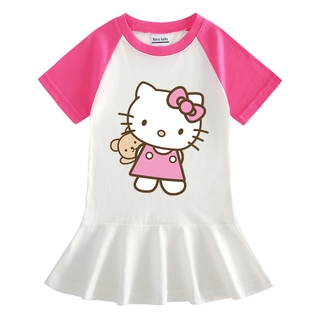 Đầm Công Chúa Tay Ngắn Bằng Cotton In Họa Tiết Hello Kitty Dễ Thương Cho Bé Gái