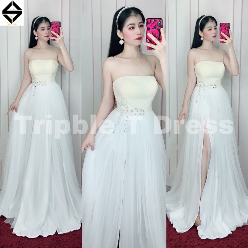 Đầm maxi dự tiệc cúp xẻ đùi kết cườm nơ lấp lánh eo TRIPBLE T DRESS - size S/M/L - MS204Y