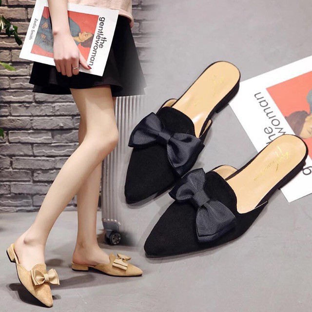 Dép sục nơ mũi nhọn da lộn đính nơ đế bệt dễ đi - D331