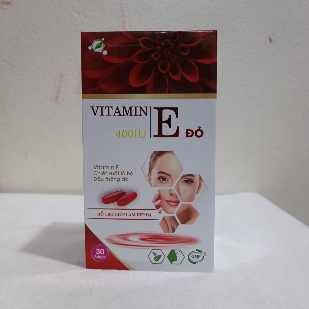 Vitamin E đỏ E400 IU Viên Uống Đẹp Da Chiết Xuất Lô Hội, Dầu Hạnh Nhân, Thông Đỏ, hoa anh thảo, dầu gâc - Hộp 30 Viên