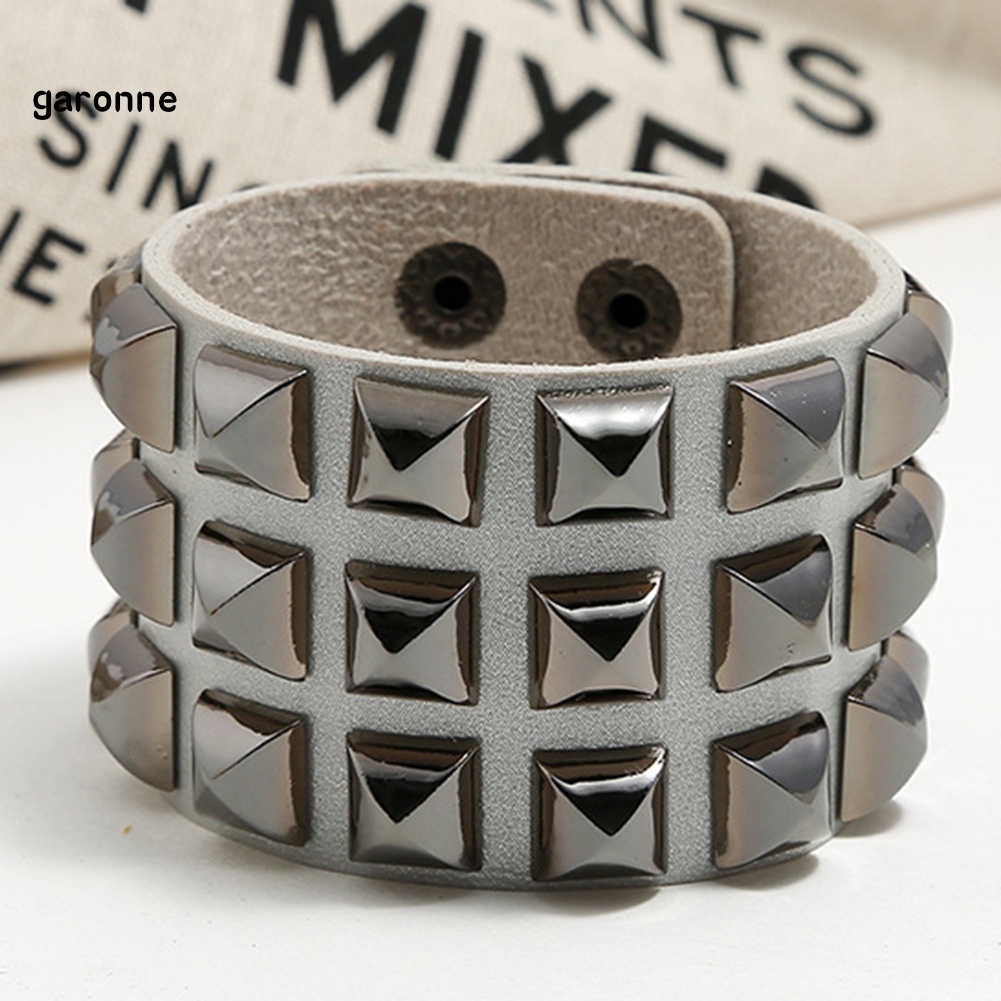 GAR Punk Men Women Club Square Rivet Studded Wide Cuff Faux Leather Bangle Bracelet