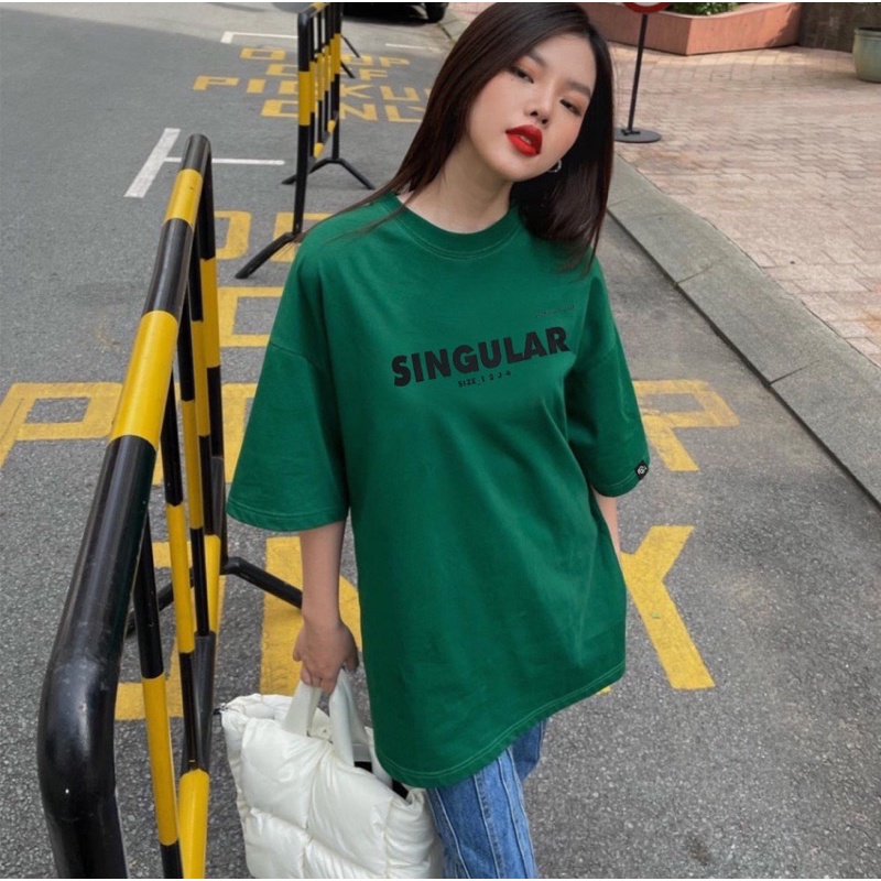 Áo thun phông logo tay nam nữ PINK tay lỡ form rộng SINGULAR màu Xanh Lá