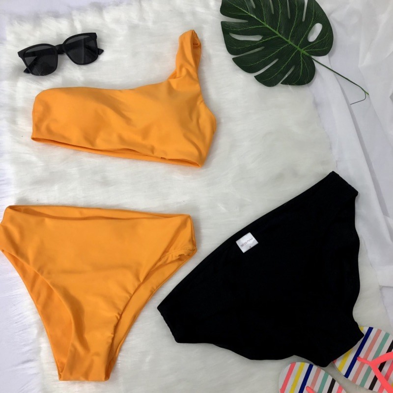Bikini cạp cao cam/đen (Kèm Video mẫu mặc)