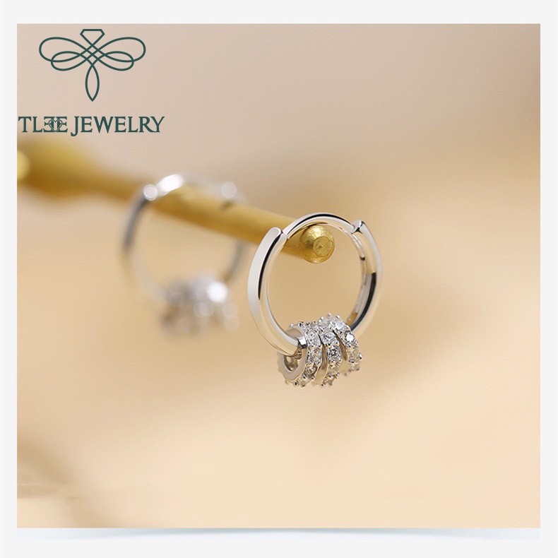 Khuyên tai bạc nữ TLEE tròn trơn mix ba vòng tròn nạm đá TleeJewelry B0113