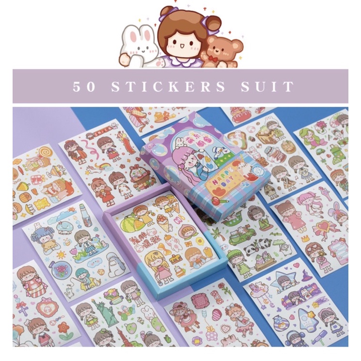 Hộp 50 tấm sticker đa dạng phong cách trang trí sổ siêu đáng yêu