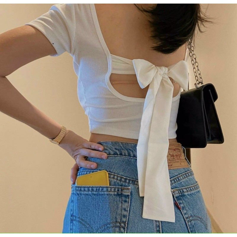 [HÌNH_THẬT_ẢNH_CUỐI] Áo croptop cổ U tay ngắn hở lưng cột nơ