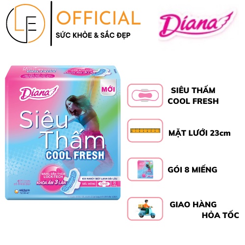 Băng vệ Sinh Diana Siêu Thấm Cool Fresh siêu mỏng cánh 23cm (Gói 8 miếng)