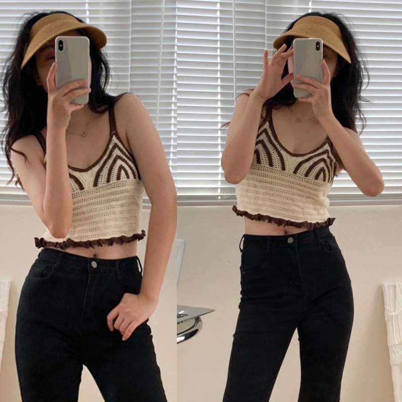 Áo Croptop Dệt Kim Hai Dây Kẻ Sọc Kiểu Vintage Đường Phố Hàn Quốc Thời Trang Mùa Hè Cho Bạn Gái