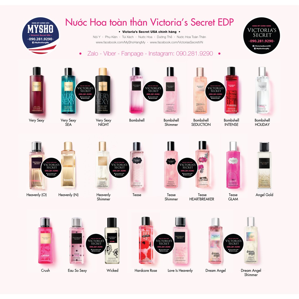 Nước hoa toàn thân Victoria's Secret - Very Sexy, Crush, Scandalous, Angel Gold, Bombshell, Bombshell Seduction 250ml