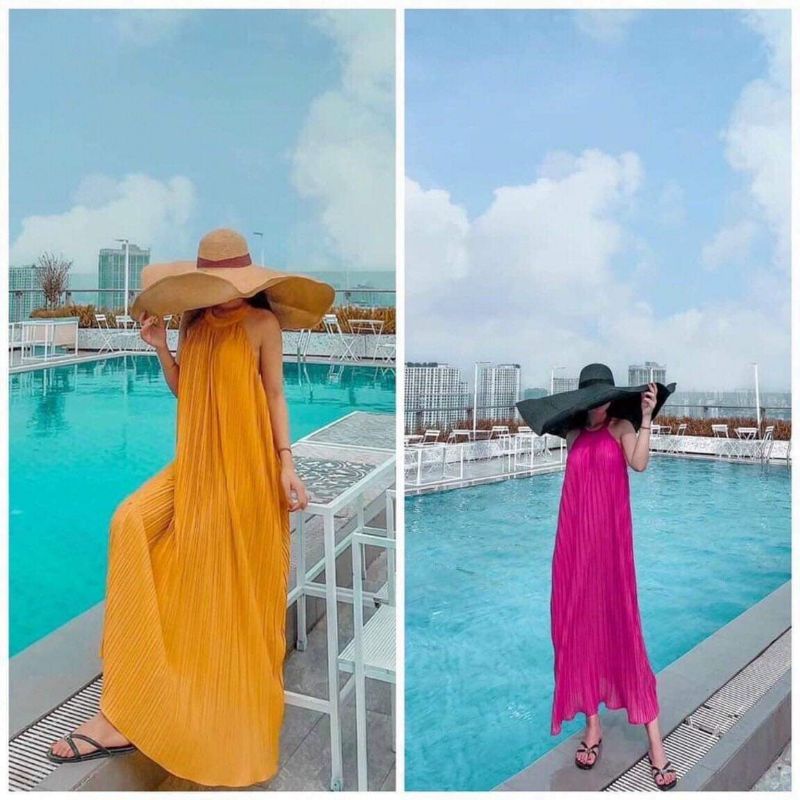 Đầm MAXI xếp ly hai dây cổ yếm siêu sang