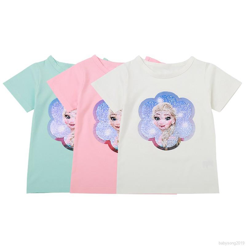 Áo thun tay ngắn họa tiết hoạt hình đính kim tuyến lấp lánh dễ thương cho bé gái