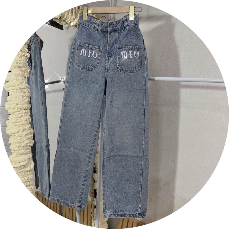 BLACK FRIDAY SALE Quần jeans ống suông lưng cao 2 túi thêu miumiu