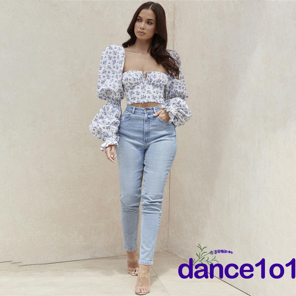 Áo Croptop Nữ Tay Phồng Họa Tiết Hoa Thời Trang 2020