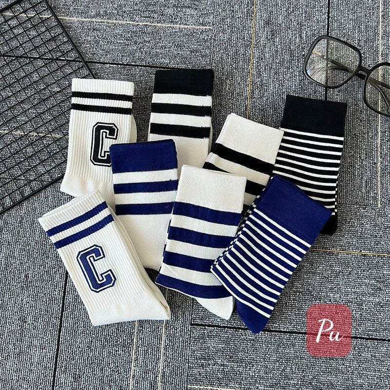 Set 10 Tất Thể Thao Họa Tiết Kẻ Sọc In Chữ C Màu Xanh NaVy Thời Trang Đường Phố Hàn Quốc