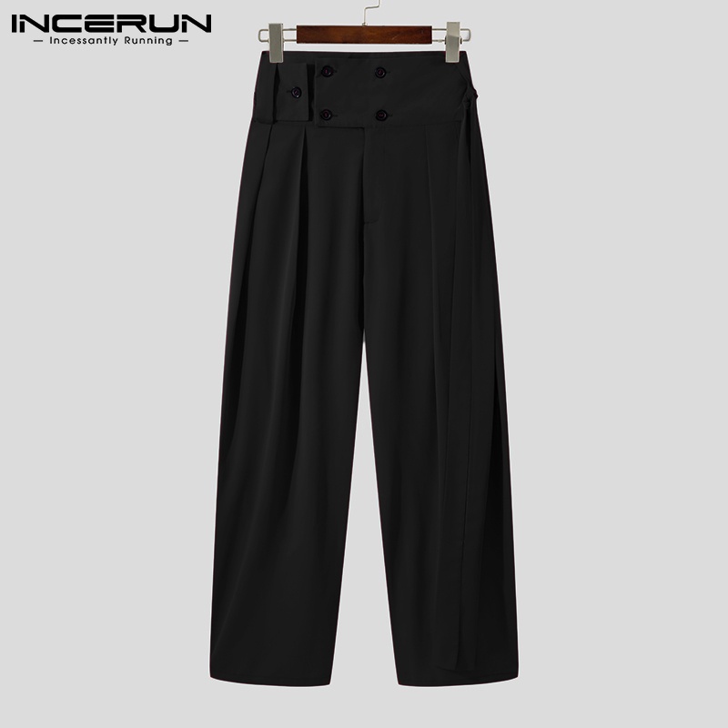 Quần dài INCERUN màu trơn lưng cao phối nút có thắt lưng dành cho nam