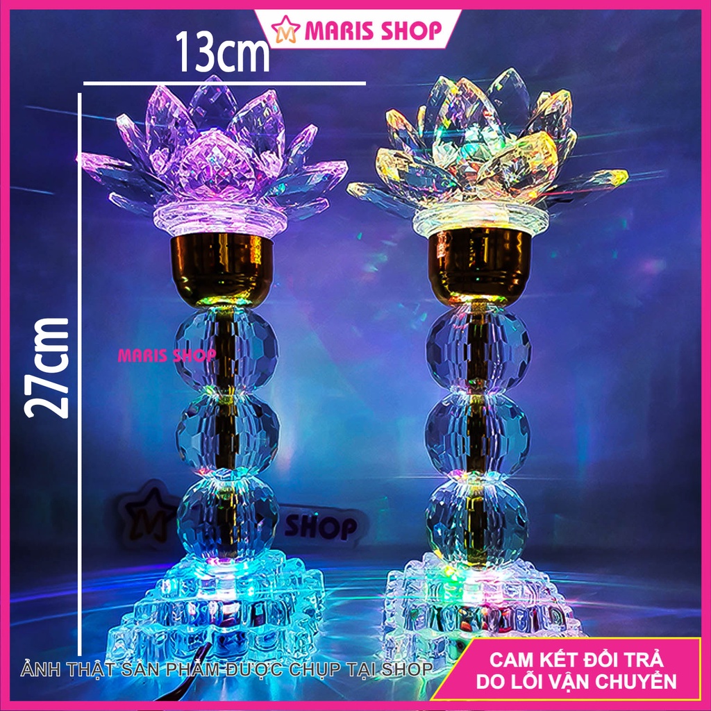 Bộ 2 Đèn Hoa Sen Pha Lê Nguyên Khối Để bàn Thờ Phật Đèn Hoa Sen Đèn Thờ Cúng Cao 28cm [MRHT30-VUONG]