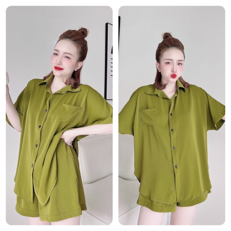 Trúc My Set bộ áo sơ mi tay ngắn và quần short trơn basic vải lụa cao cấp