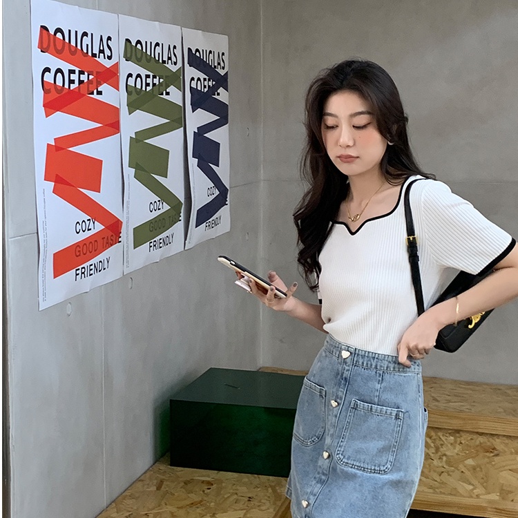 Áo Dệt Kim Ngắn Tay Cổ Vuông Màu Sắc Tương Phản Thời Trang