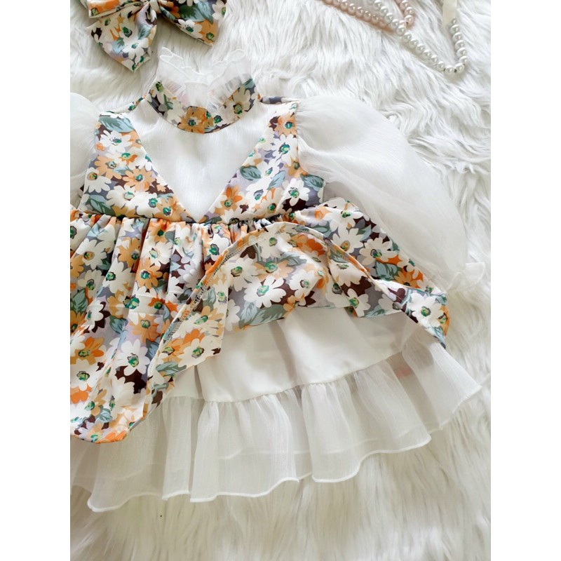 Váy Lụa Hoa Tay Dài Bé Gái 4 Đến 28kg, Đầm Bé Gái Chất Lụa Quảng Châu Phối Tơ Ánh Nhũ [A180]