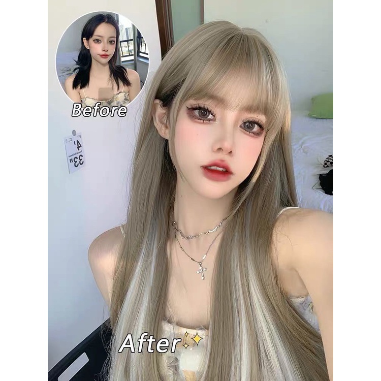 Tóc giả nguyên đầu màu bạch kim phối line trắng