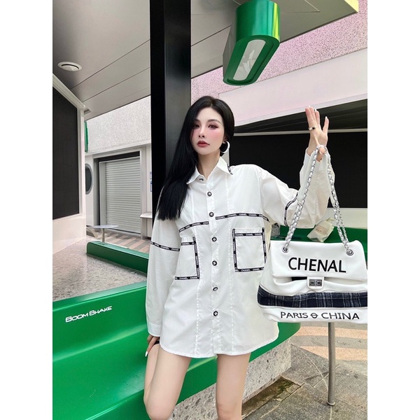 Áo sơ mi nữ dài tay oversize màu trắng phối đồ xinh 𝘾𝙝𝙖𝙣𝙚𝙡 CN/channel thời trang cao cấp