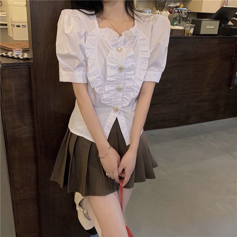 Áo Kiểu Tay Phồng Ngắn Cổ Vuông Thời Trang Mùa Hè Phong Cách Pháp Cho Nữ