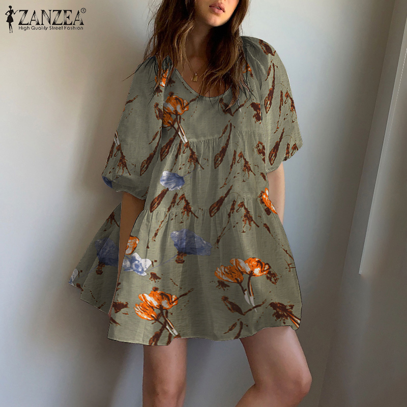 Đầm mini ZANZEA tay ngắn cổ tròn in họa tiết hoa thời trang cho nữ