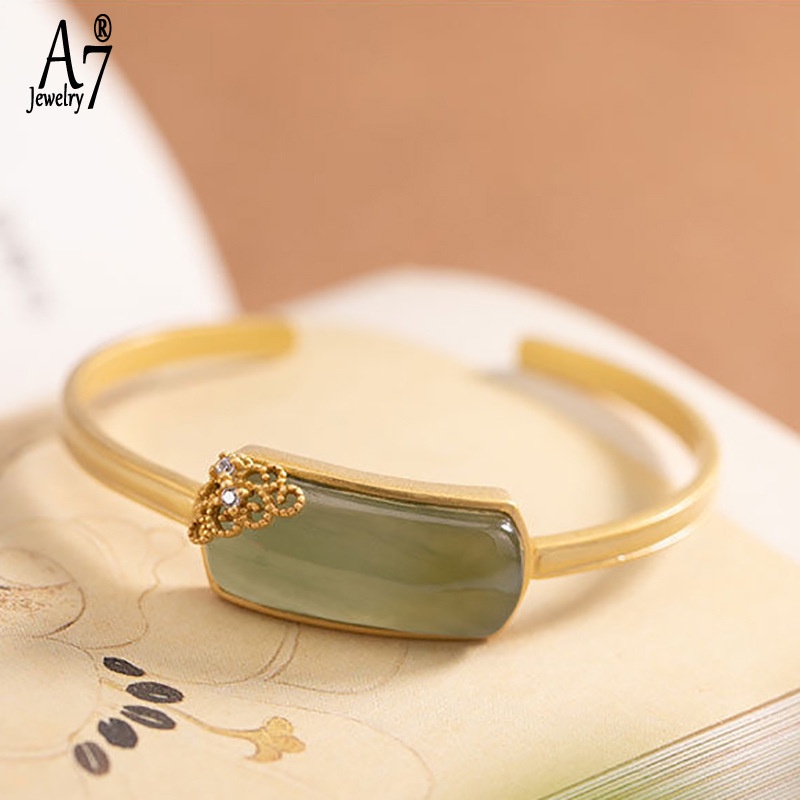 Vòng Tay Bạc 925 A7 S925 Dạng Hở Đính Đá Sapphire Hình Chữ Nhật Phong Cách Retro Cho Nữ