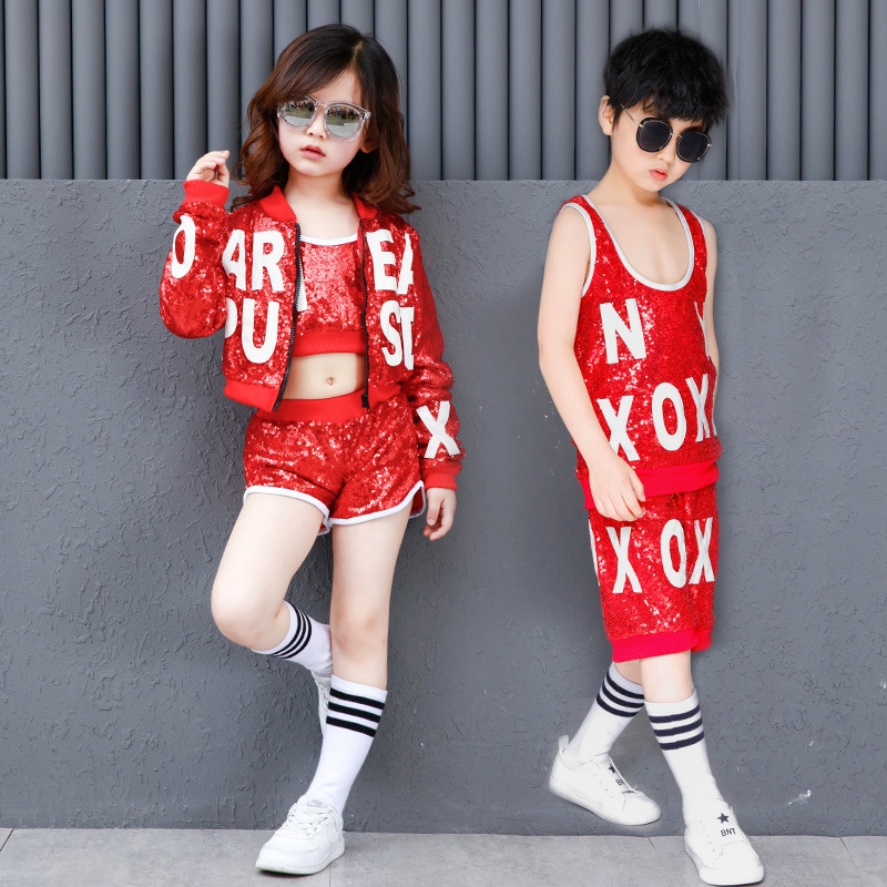 🍭Trang Phục Trình Diễn Nhảy Jazz Đính Kim Sa Phong Cách Đường Phố Mới Cho Bé Trai Và Bé Gái