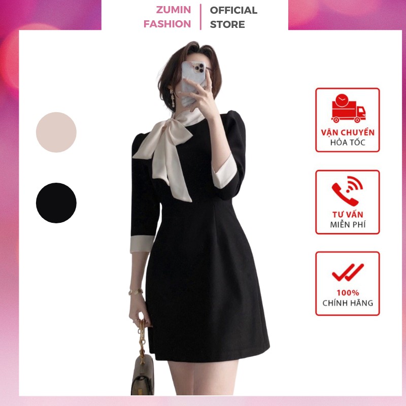 Váy công sở, Váy thiết kế phong cách Hàn Quốc cổ nơ cách điệu, chất dày lên form chuẩn